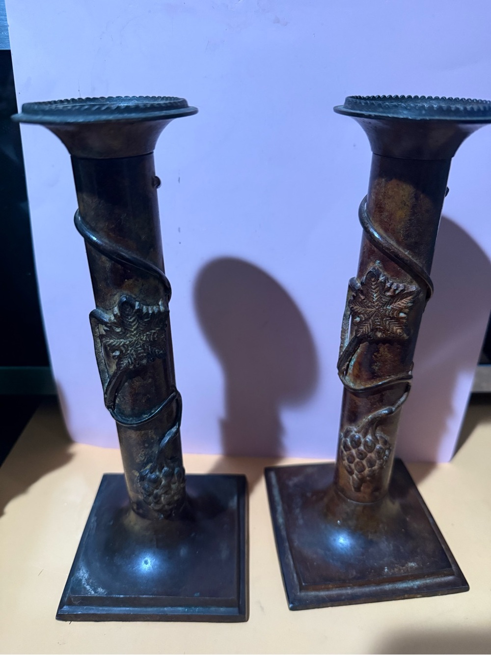 Antique-Style Bronze Finish Grape Vine Candle Holders - Pair - 10”